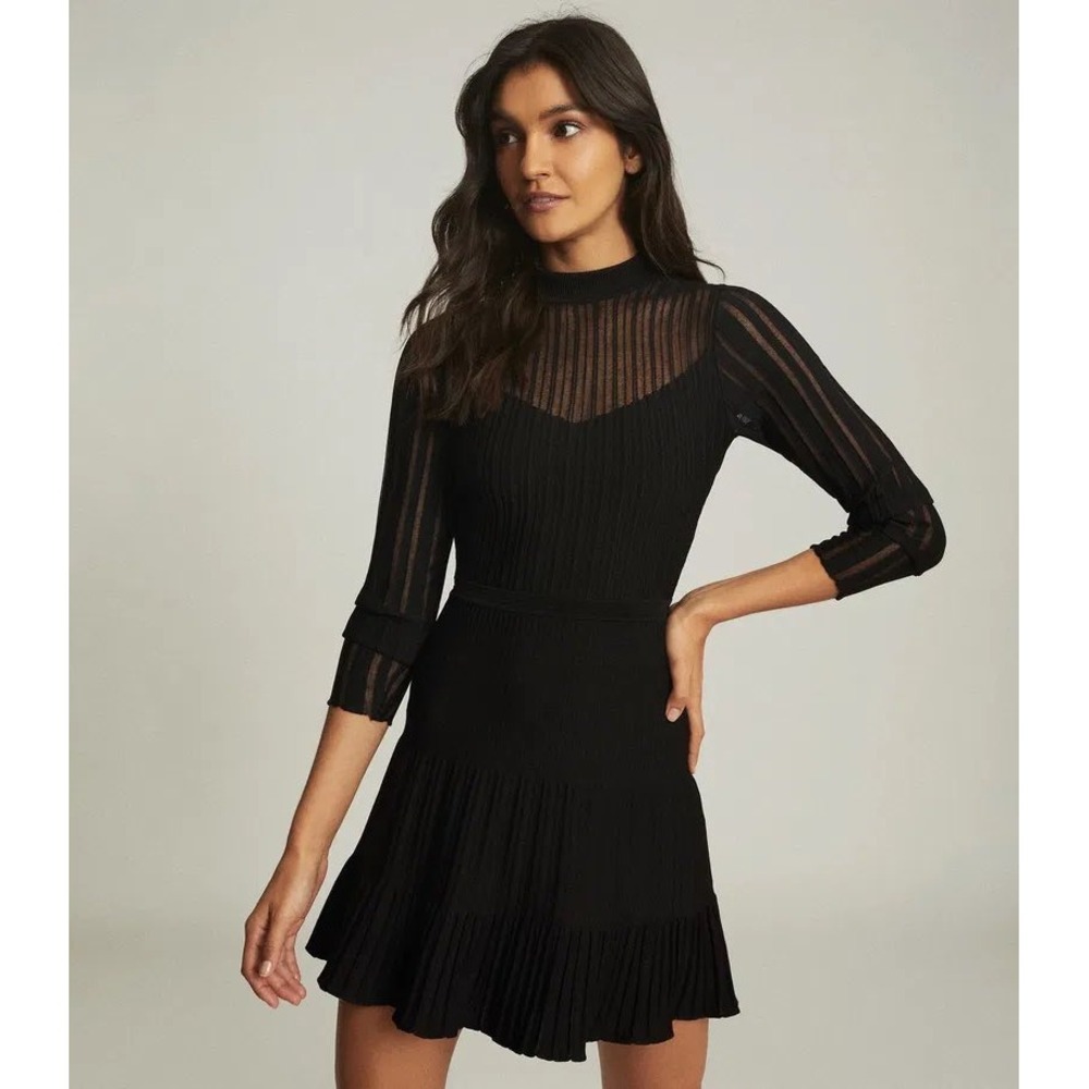 REISS Clemmy Black Ribbed Knit Sheer Yoke Mini Dress Size M